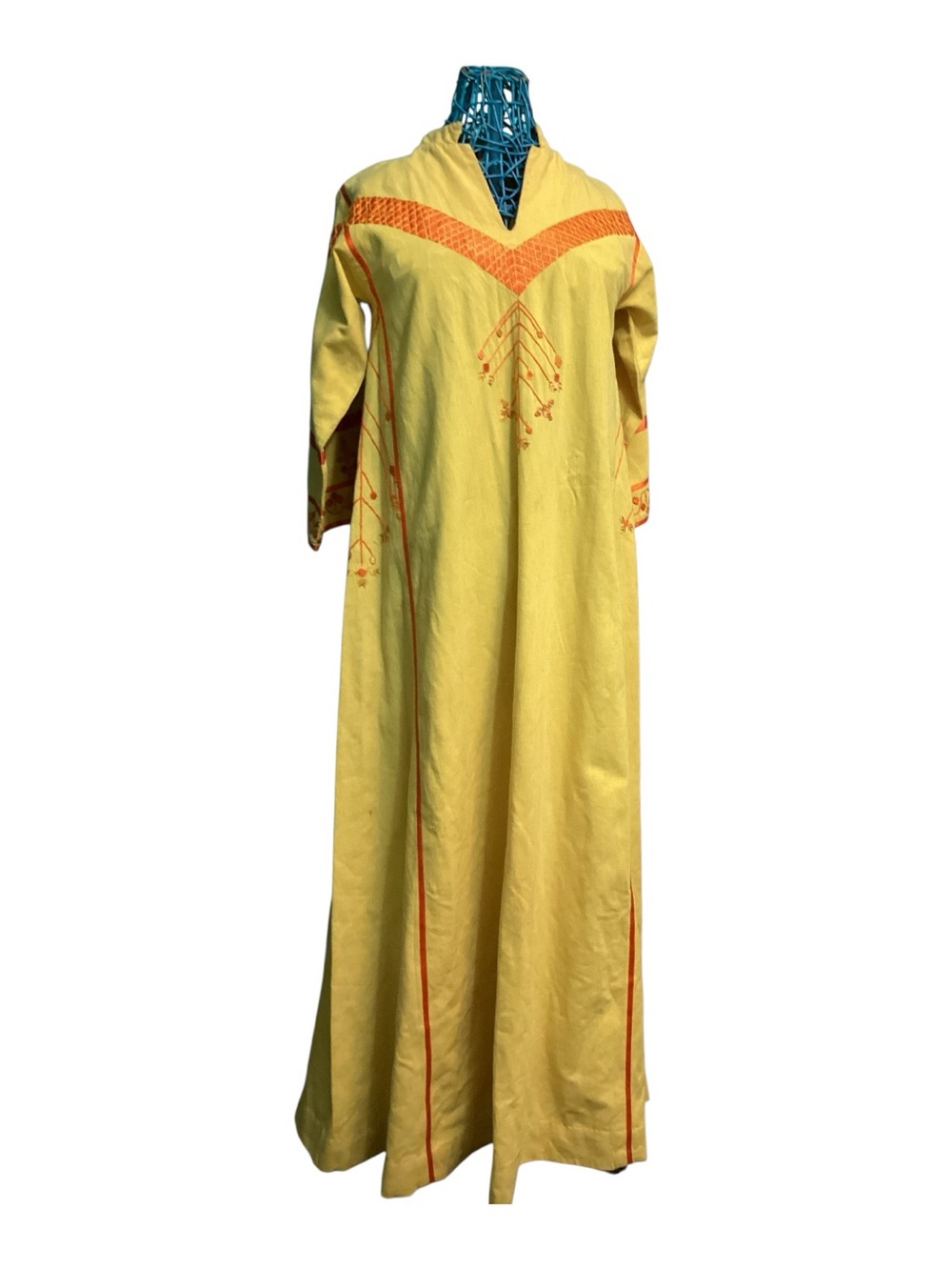 Josefa 1970s Hand-Embroidered Yellow Cotton Vintage Caftan Maxi Dress